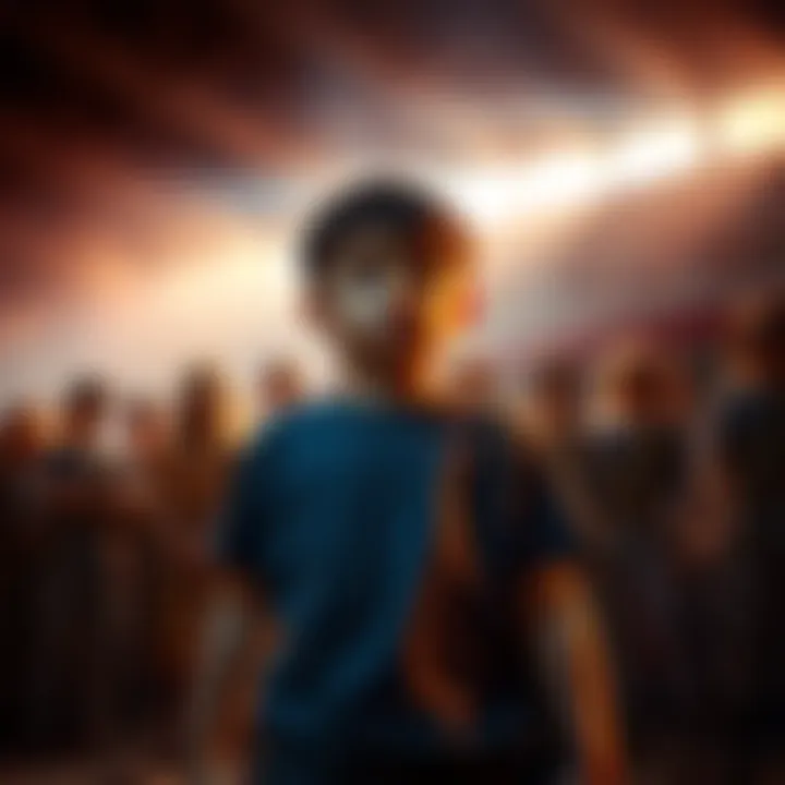A young boy stands confidently, surrounded by dramatic lighting symbolizing strength, with puzzled onlookers in the background.