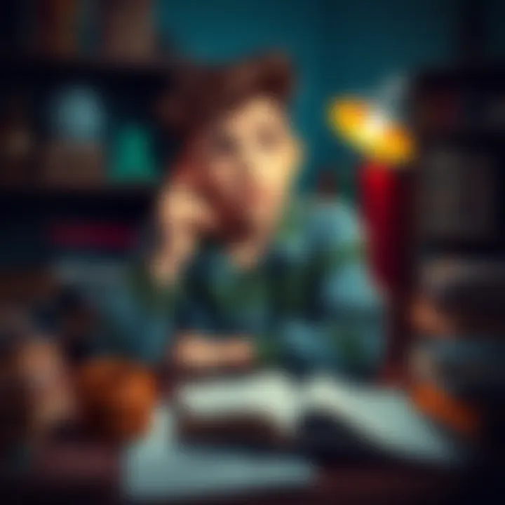 A young person sitting at a desk, surrounded by books and sketches, deep in thought with a thoughtful expression.