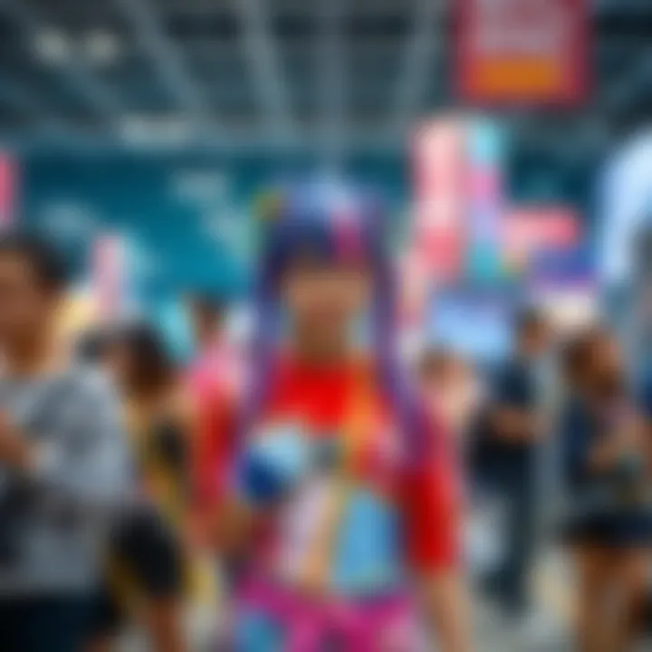 A young girl dressed in colorful cosplay outfit enjoys her time at Anime NYC, surrounded by friends and convention goers.