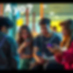 A group of young people discussing and using smartphones in a casual setting, representing modern youth culture and social interactions.