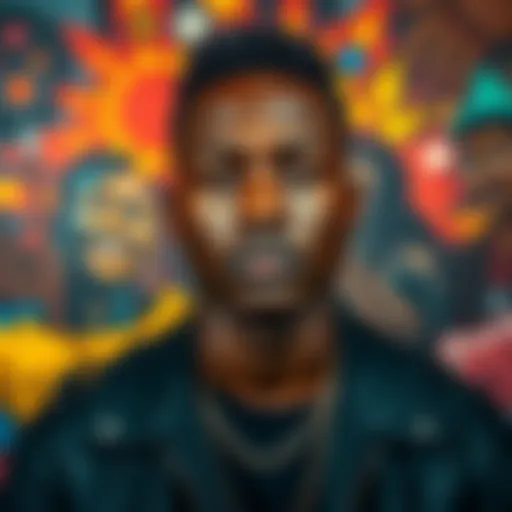 Portrait of Young Black Melanated King Imu with a confident expression, wearing stylish clothes, surrounded by vibrant community artwork.