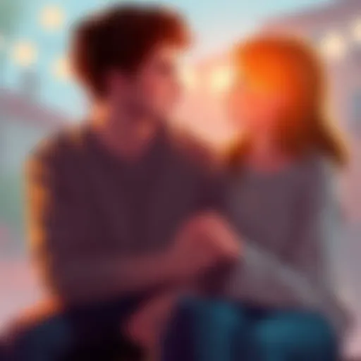 A young couple sits together, holding hands and looking into each other's eyes, expressing deep emotions of first love.