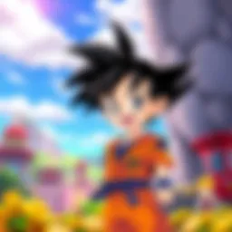 A cheerful young Goku in a colorful cartoon setting, showcasing his trademark outfit and energetic pose, surrounded by vibrant scenery.