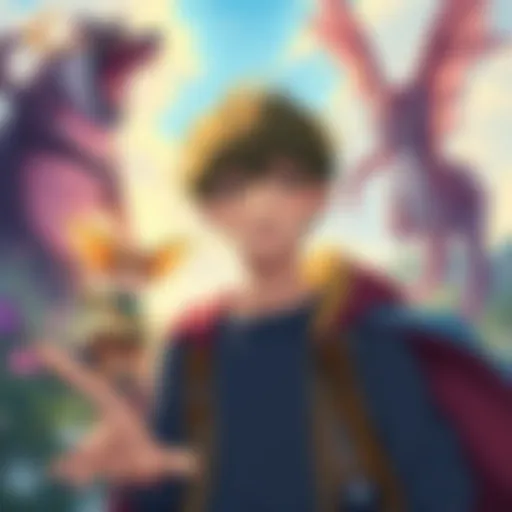A young man with a childlike expression stands in a magical landscape, surrounded by colorful creatures and a childhood friend, hinting at adventure and growth.