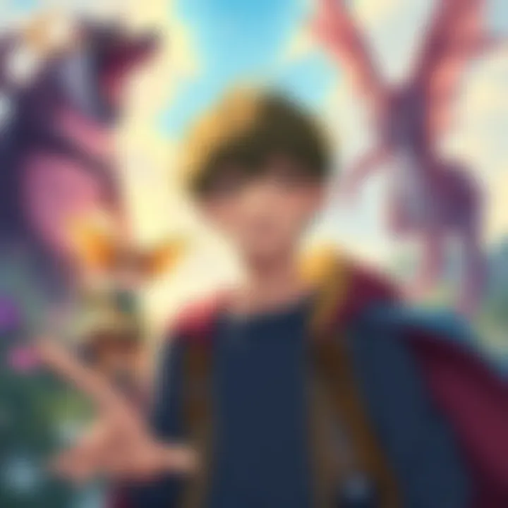 A young man with a childlike expression stands in a magical landscape, surrounded by colorful creatures and a childhood friend, hinting at adventure and growth.