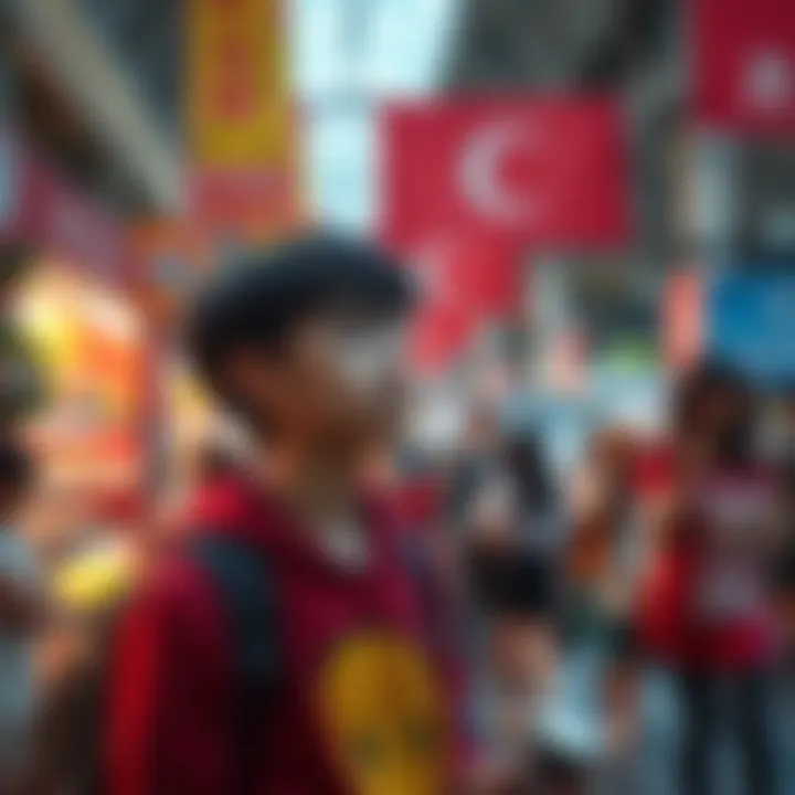 An 18-year-old attending Animefest by themselves, surrounded by colorful booths and cosplayers, looking thoughtful and excited.