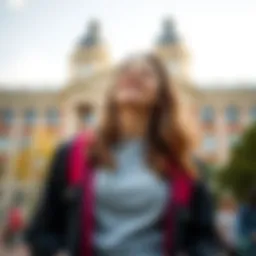 A young woman stands in front of a college campus, smiling and taking a deep breath, ready for new adventures.