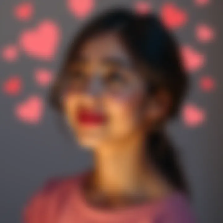 A young woman looks dreamy while thinking about her crush, with a soft smile on her face, surrounded by heart shapes in the background.