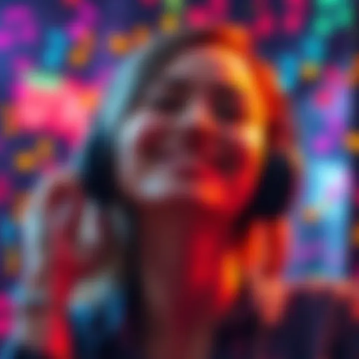 A young woman smiling while listening to music with headphones, surrounded by colorful music notes