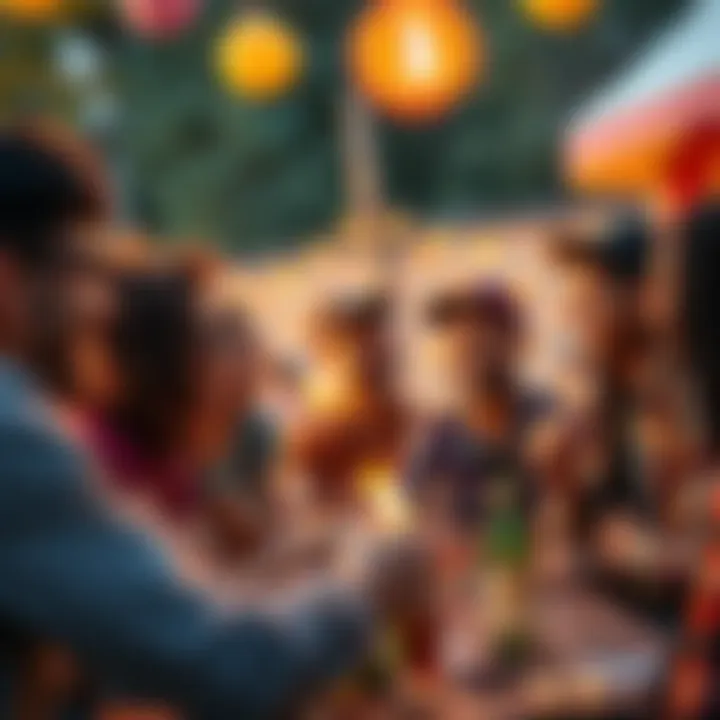 A group of young people enjoying a Choom gathering, smiling and sharing experiences, with vibrant decor and outdoor setting.