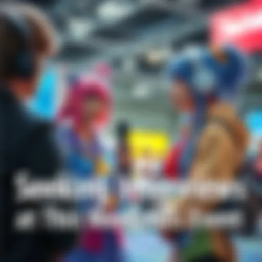 A YouTuber holding a microphone interviews a cosplayer dressed in colorful anime attire at a local event.