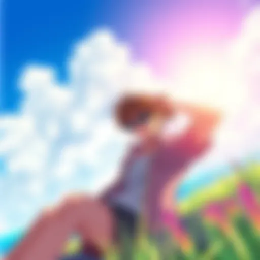 Character Yu from Persona 4 relaxing during summer vacation with a bright sky