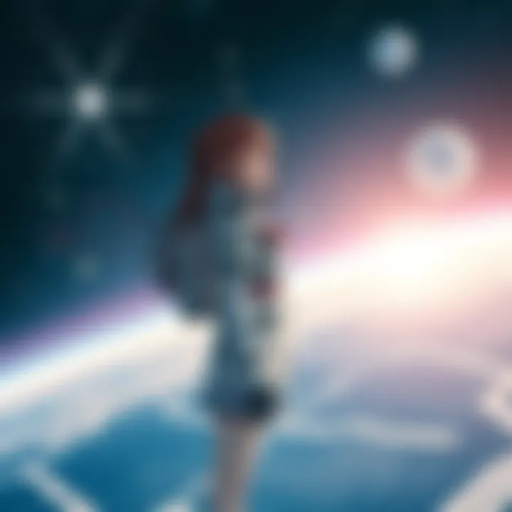 Yui stands in a cosmic setting, contemplating her controversial decision that impacts Asuka's fate.