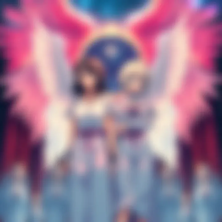 Yui Ikari and Rei Ayanami stand together with angelic figures surrounding them, symbolizing their complex relationships.