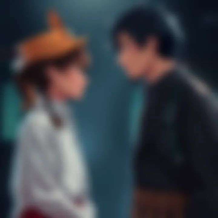 Yuji talking to Mahito Yuji stands face to face with Mahito, a tense expression on his face as they interact in a dimly lit setting, suggesting a significant moment in their story.