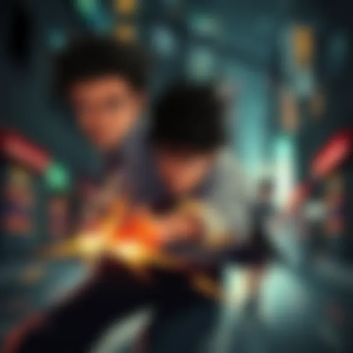 A scene showing Yuji pursuing Mahito in a dramatic confrontation, with tense expressions and a dark city backdrop.