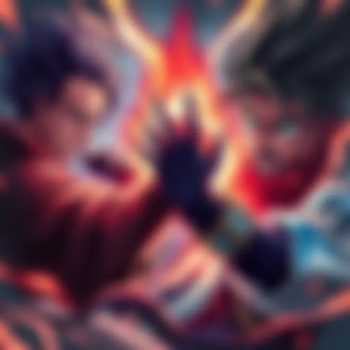 A fierce confrontation between two powerful characters, Yuji and Denji, with tense expressions and energy surrounding them, showcasing their struggle.
