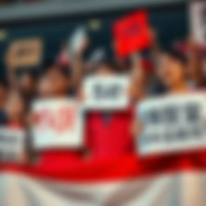 A group of Yuji fans holding banners and signs showing support, with mixed expressions on their faces, reflecting the divided opinions within the community in 2025.
