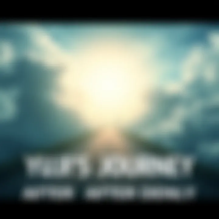 A serene scene depicting a path leading into a bright light, symbolizing the journey after Yuji's death, with gentle clouds nearby.