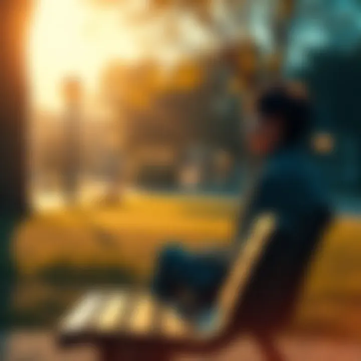 Yuji sitting on a bench in a quiet park, staring into the distance with a sad expression, reflecting on Hana's death.