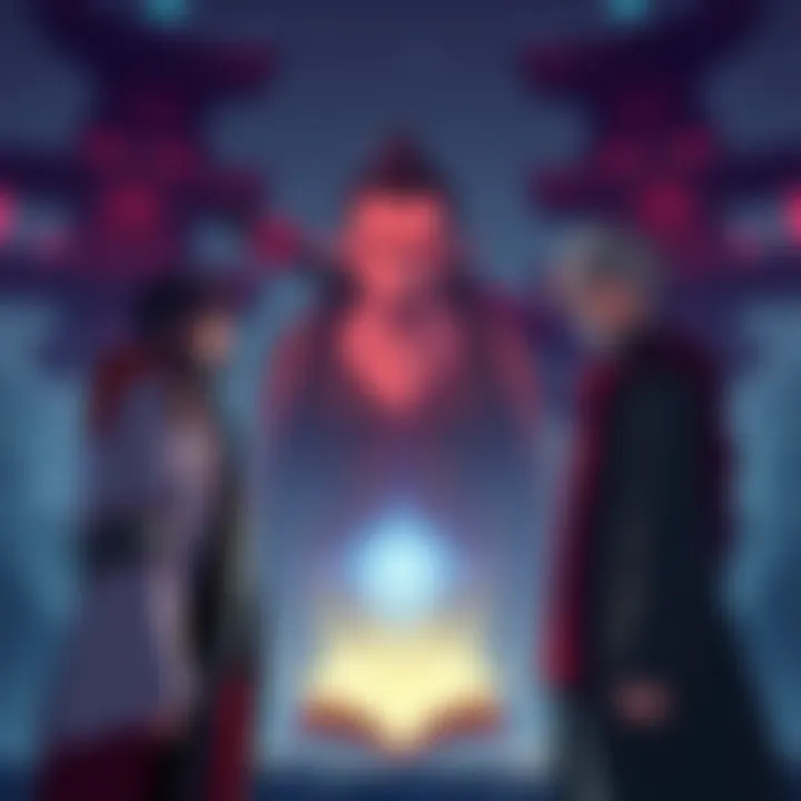 Yuji and Maru stand determined as Mahito looms menacingly in the background, with a soul book glowing between them