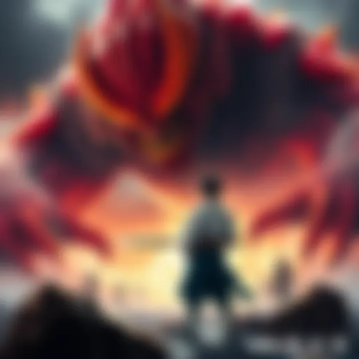 Yuji facing Dabura Yuji standing bravely against the powerful monster Dabura in an intense battle scene with a dramatic background