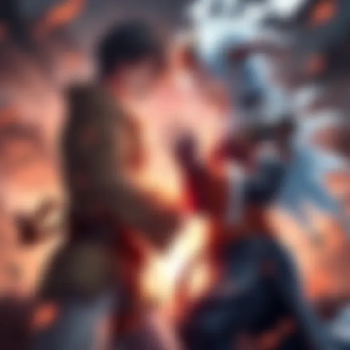 A dynamic battle scene showing Yuji and True Form Sukuna facing each other, showcasing their combat stances and intense expressions.