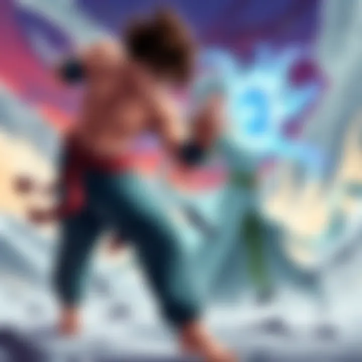 A fierce showdown between Yujiro, a muscular fighter with a determined expression, and Frieren, a magical elf with a calm demeanor, both poised for combat in a dynamic landscape.