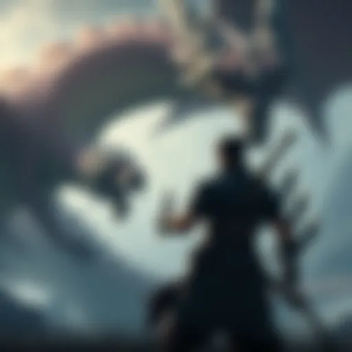 Yujiro Hanma stands ready for battle in a Monster Hunter environment, facing a giant dragon with a sword in hand.