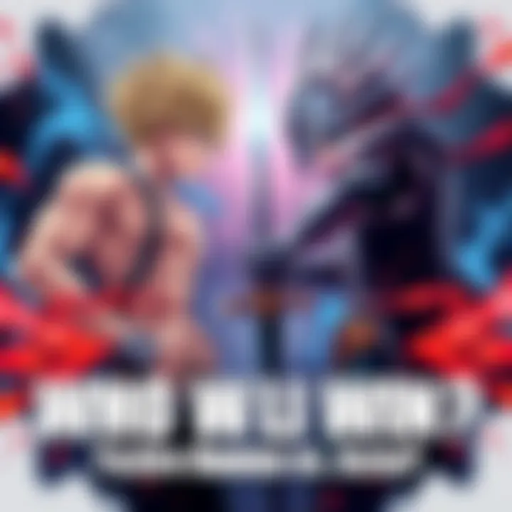 Yujiro Hanma, a muscular fighter with spiky hair, confronts Asta, a young mage with a big sword and unique armor, in an intense showdown.