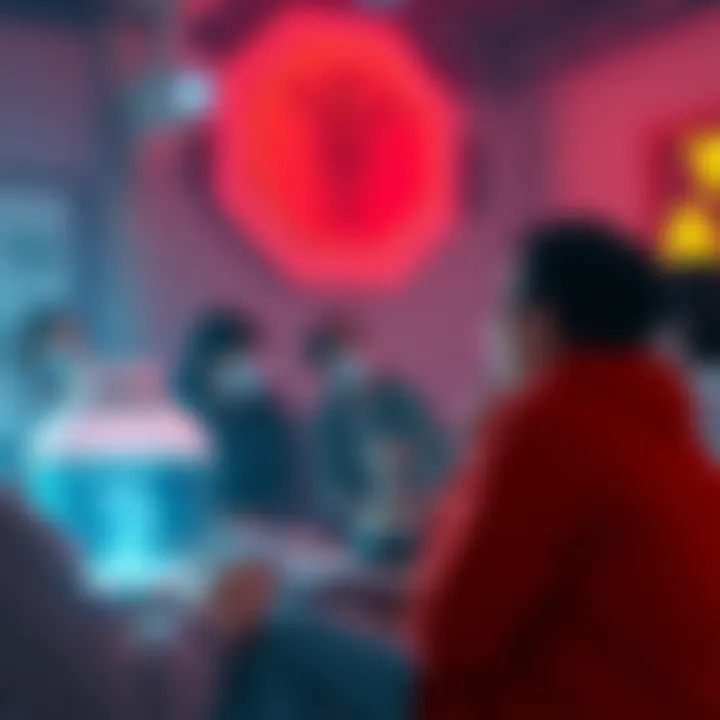 A group of people discussing theories about Yuka's potential cancer cure, featuring symbols of alien technology and cursed objects in a creative setting.