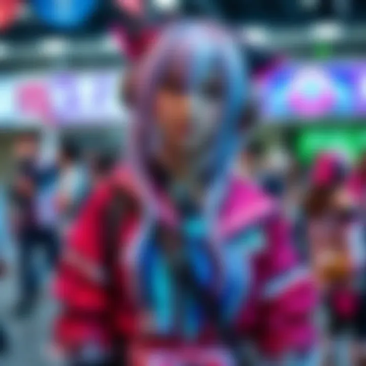 A person dressed as Yuki Tsukumo, showcasing vibrant costume details and accessories, ready for a cosplay event.