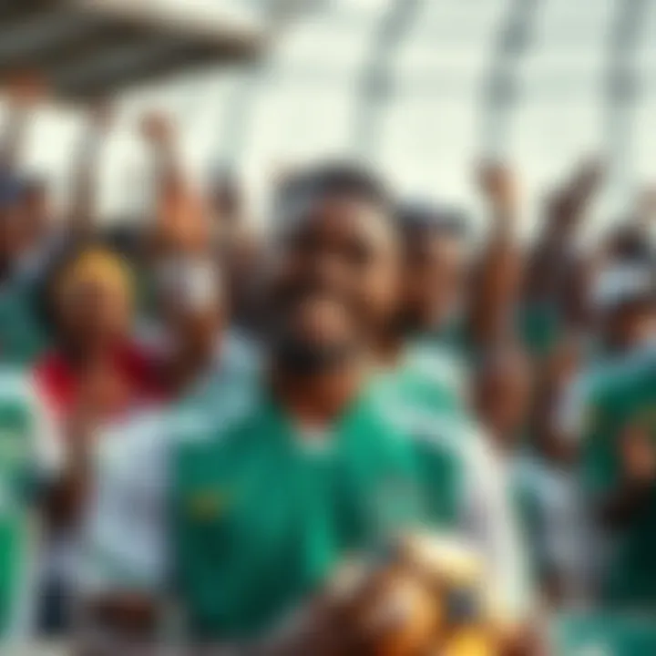 Yukimiya wearing a Nigerian national football jersey, smiling and holding a football, with fans cheering in the background.