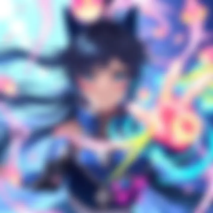 Yukino, a character with flowing hair and a determined expression, conjures colorful magical symbols in a vibrant environment