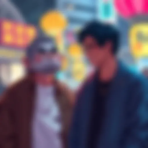 Yukinobu Tatsu standing next to Chuck Beans, smiling and discussing art, showcasing the bond between them