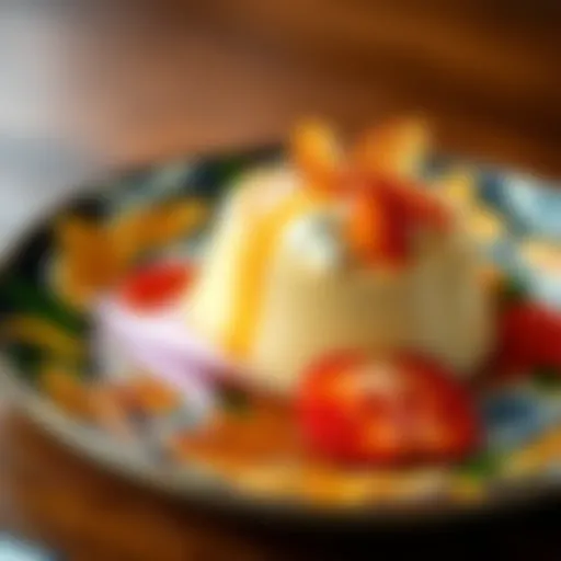 A beautifully presented Yukkuri Flan topped with caramel and cream, on a colorful plate.