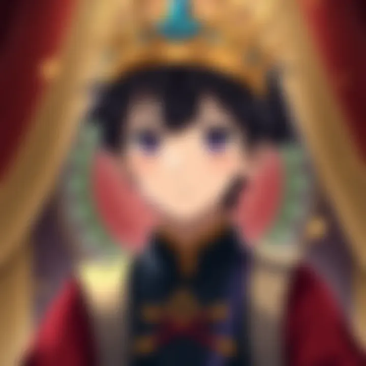 Yuno, a character with short dark hair and a crown, looks serious while dressed in royal attire, representing his royal origins and challenges in the Spade Kingdom.
