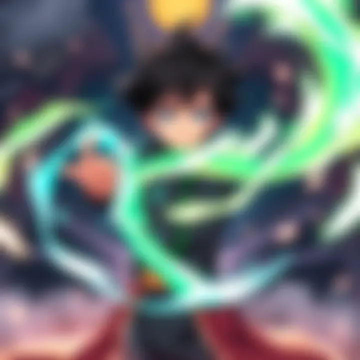 Character Yuno from Black Clover displaying his impressive magic in a dramatic setting