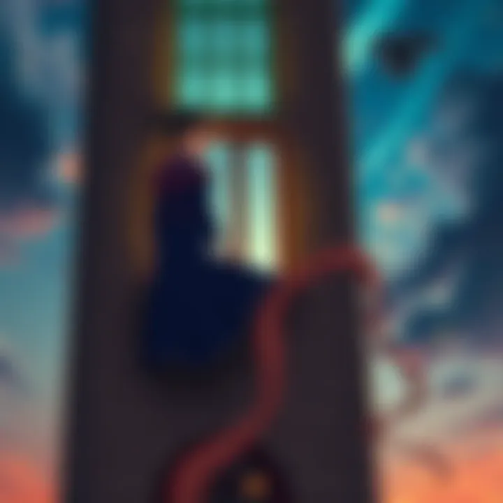 Yuno stands by a window in a tall tower, looking out with longing eyes, resembling Rapunzel's story.