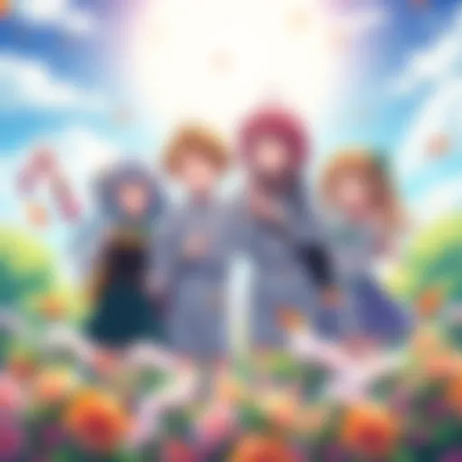 A group of cheerful Yuri anime characters enjoying a sunny day with flowers around them