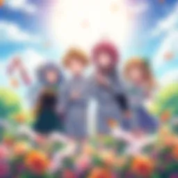 Yuri Anime Characters Celebrating Together A group of cheerful Yuri anime characters enjoying a sunny day with flowers around them