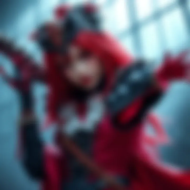 A cosplayer in a detailed Yuri Briar costume with fake blood accents and a dramatic pose, showcasing craftsmanship and dedication to family.