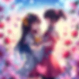 Two girl characters in a colorful anime setting sharing a joyful moment, surrounded by flowers and sparkles