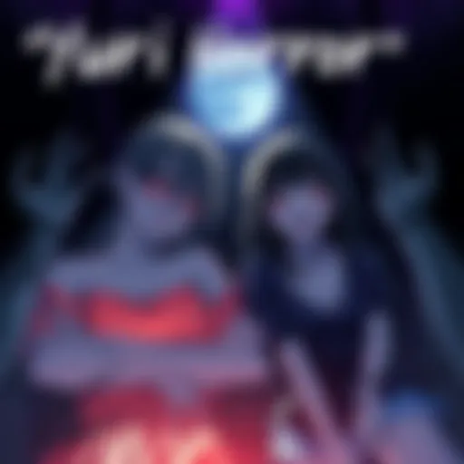 A cover illustration featuring two young women in a tense, eerie setting, surrounded by dark shadows and unsettling imagery, representing a blend of yuri and social horror themes.