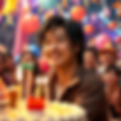 Yuri Lowenthal smiles at a birthday celebration surrounded by fans and birthday decorations.