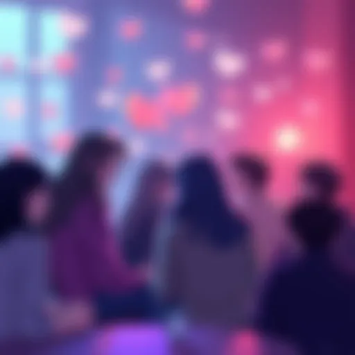 A lively discussion among people sharing their favorite Yuri pairings, with colorful heart symbols and chat bubbles present