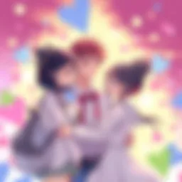 A colorful illustration showing characters from a Yuri story with diverse genders, including two girls expressing affection and a boy supporting them in a friendly way.