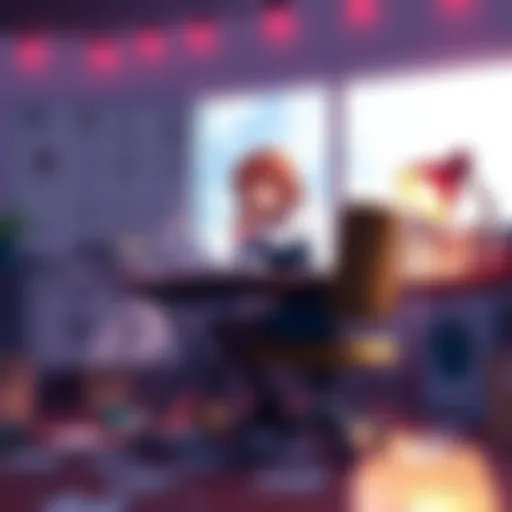 Yuri, the voice actor of Mercury, sitting at a desk surrounded by RWBY character sketches and notes, brainstorming ideas for a new episode.
