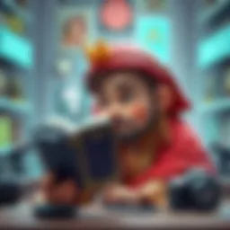 Yuru, a character in traditional clothing, looks puzzled while holding a dictionary and staring at a smartphone, surrounded by modern gadgets, illustrating his cultural shock.