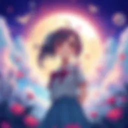 Yuru stands in a dreamy landscape, pondering her love interests with a thoughtful expression.